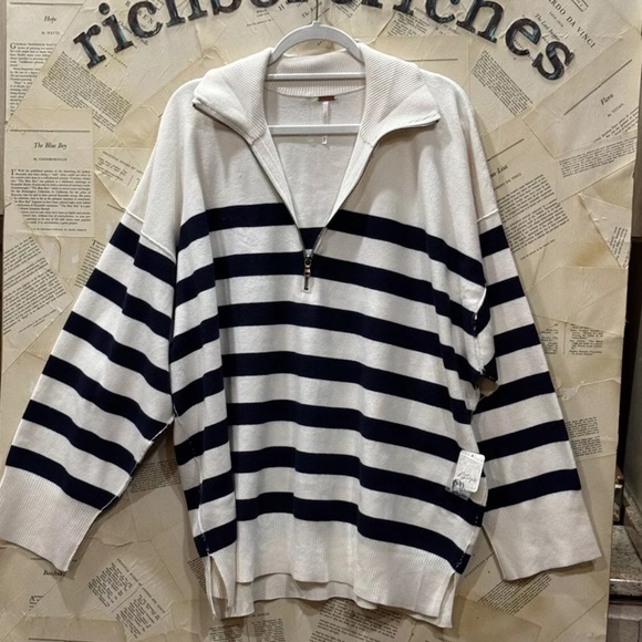 Free People Uptown Stripe Pullover Sweater Oversized Champagne Navy Combo - Picture 6 of 7